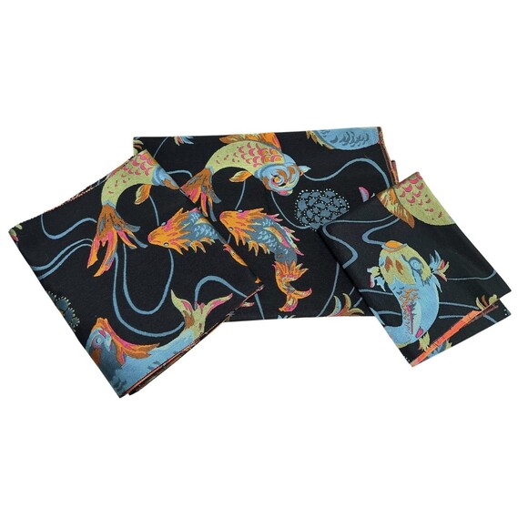 3 Fabric Remnants Brocade Koi Fish Black against Vibrant Colors See Measurements - Picture 1 of 10